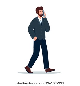 Businessman or manager talking on the phone and walking. Smiling man in suit using smartphone for work. Mobile internet, social media, modern communication technology. Vector illustration isolated.