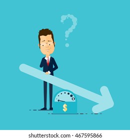 A businessman or manager thinking, Down arrows, statistic financial graphic, Vector illustration in flat style isolated from the background, EPS 10