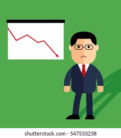 A businessman  or manager thinking, Down arrows, statistic financial graphic, Vector illustration in flat style isolated on the background
