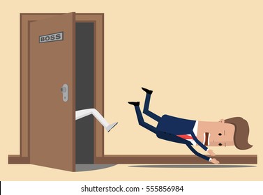 The businessman or manager throw a kick out of the boss's office. Boss dismisses employee. Businessman fired