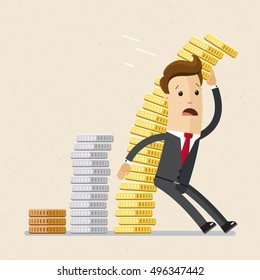 Businessman or manager is trying to keep falling pile of golden coins. Profit falling, crisis, inflation, business concept.  Vector, illustration, flat