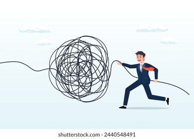 Businessman manager unravel tangled rope, unravel tangle problem, solving difficult knot chaos or messy issue, complicated or complex problem difficulty, confusion or business trouble (Vector)
