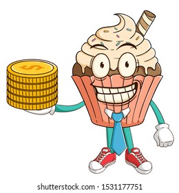 Businessman or manager of vanilla cupcake cartoon character holding stack of gold coins with funny smile face