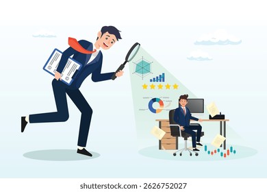 Gerente de negócios observar o trabalho do funcionário, monitoramento do funcionário no trabalho remoto, microgerenciamento observando cada etapa de trabalho, analisando ou avaliando o funcionário, verificando o desempenho ou a observação