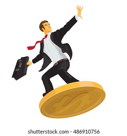 businessman or manager in a white shirt with a briefcase on a coin, trendy flat style business concept