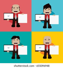 businessman manager at work holding laptop cartoon vector art illustration