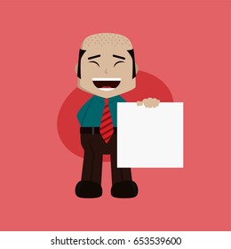 businessman manager at work laughing holding blank sign cartoon vector art illustration