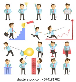 Empresario o gerente en situaciones laborales. Ilustración vectorial del hombre jefe logra el éxito o la meta, gana dinero y supera los obstáculos. Tareas de crecimiento empresarial y idea de emociones positivas