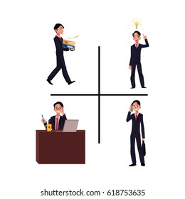 Businessman, manager working at workplace, having idea, bringing documents, talking by phone, cartoon vector illustration isolated on white background. Businessman, employee in business situations