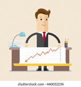 Businessman  or manager writing a business plan, report. A man in a suit sits at a table with a big sheet of paper. Report, graph.  Flat style illustration, vector, EPS10.