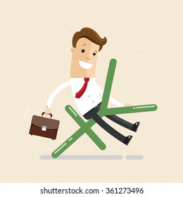 Businessman or manager and yuan. A man in a suit and with a briefcase in hand rides the yuan. Illustration, vector EPS10.