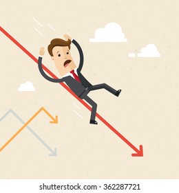 Businessman or manager.A man in a suit rolls down, decline of market and profits. Illustration, vector, EPS10