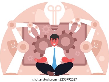 Businessman manages business processes. Automation business. Project management, software development. Work organization. Man doing yoga on business processes background. Vector graphics