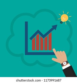 Businessman manages graph, chart with light bulb. Vector illustration flat design