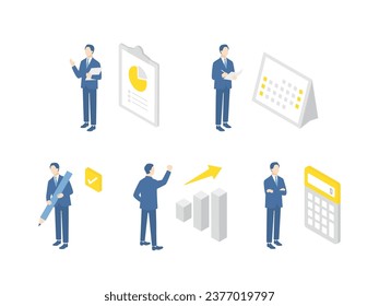 Businessman managing budget, schedule and sales. Isometric illustration set.