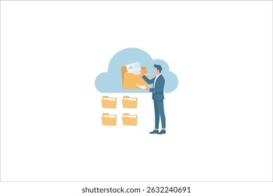 Businessman Managing Cloud Data Storage with Folder Icons. Vector illustration of a businessman in a suit organizing digital documents into cloud storage.