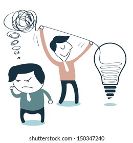 Businessman managing confused idea. Vector illustration.