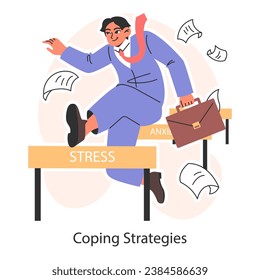 Businessman managing stress and anxiety using coping strategies. Employee overcoming business challenges. Flat vector illustration.