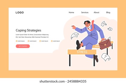 Businessman managing stress and anxiety using coping strategies web banner or landing page. Employee overcoming business challenges. Flat vector illustration.