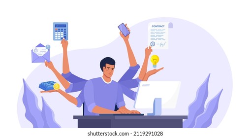 Businessman with many arms sitting at computer in office and doing many tasks at the same time. Freelance worker. Multitasking skills, effective time management and productivity concept