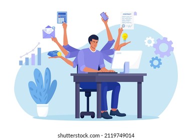 Businessman with many arms sitting at computer in office and doing many tasks at the same time. Freelance worker. Multitasking skills, effective time management and productivity concept