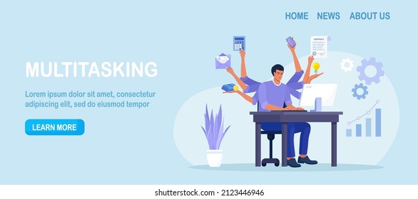 Businessman with many arms sitting at computer in office and doing many tasks at the same time. Freelance worker. Multitasking skills, effective time management and productivity concept