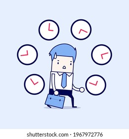 Businessman with many clocks. Cartoon character thin line style vector.