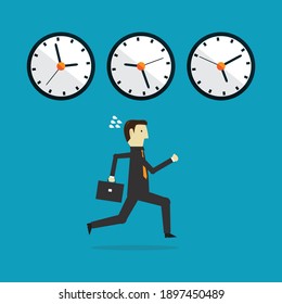 Businessman with many clocks, Vector illustration in flat style