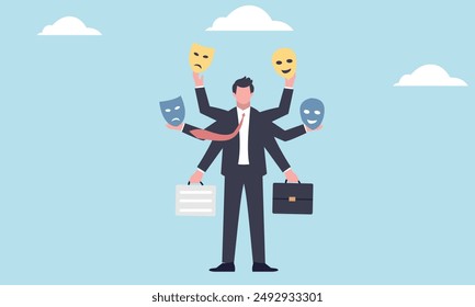 businessman with many different masks, representing the various roles and responsibilities he must undertake in his daily work