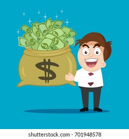 Businessman with many dollar bills in a bag, illustration vector cartoon