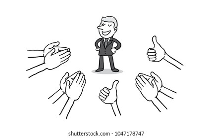 businessman with many Hands clapping ovation and thumps up on white background. applaud hands. isolated vector illustration outline hand drawn doodle line art cartoon design character.