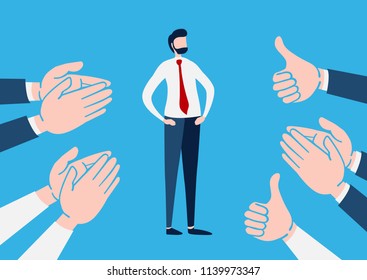 Businessman with many Hands clapping ovation and thumps up, applaud hands. Flat cartoon character. Vector illustration design.
