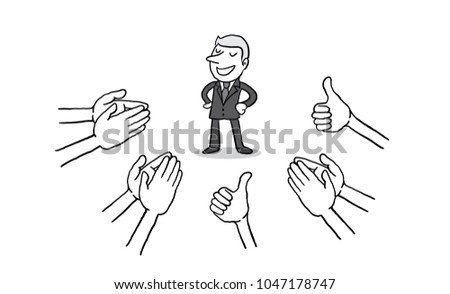 businessman with many Hands clapping ovation and thumps up on white background. applaud hands. isolated vector illustration outline hand drawn doodle line art cartoon design character.