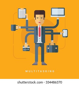 Businessman with Many Hands Doing Many Tasks. Multitasking Business Concept. Vector Flat Style Illustration