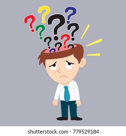 Businessman with many question marks inside head, illustration vector cartoon