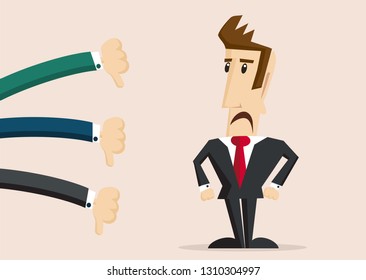 businessman with many thumbs down hands around him.