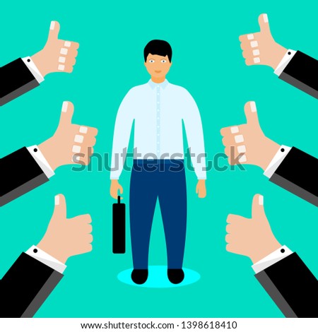 Businessman with many thumbs up hands. Vector graphic illustration in flat design.