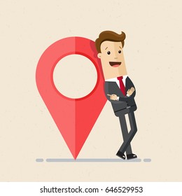 Businessman with Map pointer. Business location. Vector, illustration, flat