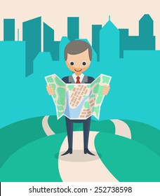 Businessman with a Map.  Vector illustration.