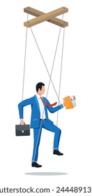 Businessman marionette is hanging on ropes. Hand of puppeteer holding business man on leash. Puppet doll worker, abuse of power, manipulation. Vector illustration in flat style