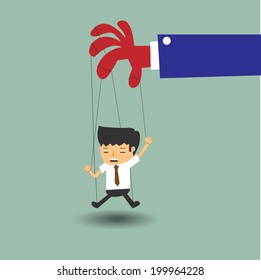 Businessman marionette on ropes controlled hand 
