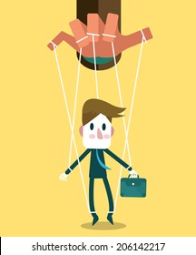 Businessman marionette on ropes controlled hand. vector illustration