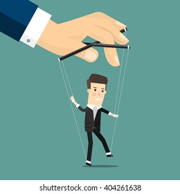Businessman marionette on ropes controlled hand.  Business concept cartoon illustration