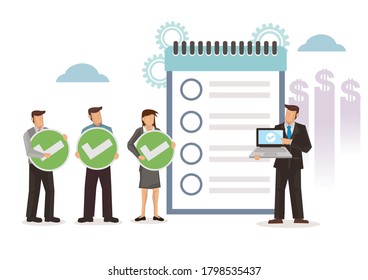 Geschäftsmann markiert Checklist mit seinen Mitarbeitern. Abschluss von Unternehmensaufgaben. Konzept des Planungsplans für die Zielerreichung Flache Vektorgrafik-Illustration.