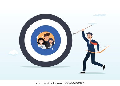 Businessman marketer archer aim for customers in bullseye target, target customer or target audience to aim for advertising, selected group to optimize ads or HR choose focused candidates (Vector)