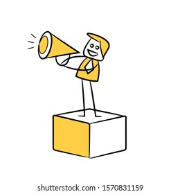 businessman or marketer using megaphone and standing on box yellow stick figure
