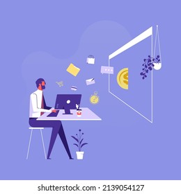 Businessman marketer working at the computer in the office, vector flat illustration of programmer, business analyst, designer, manager
