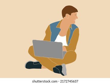 businessman marketer working at the computer in the office, vector flat illustration of programmer, business analyst, designer, manager