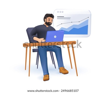 Businessman marketer working at the computer in the office, vector 3D illustration of programmer, business analyst, designer, manager. Office workers at workplace, man in office. Vector of business