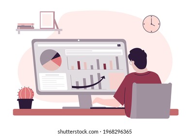 Businessman marketer at workplace. Male employee analyzes graphs and chart. Professional analyst developing business project at desktop. Computer screen, back view. Flat vector illustration